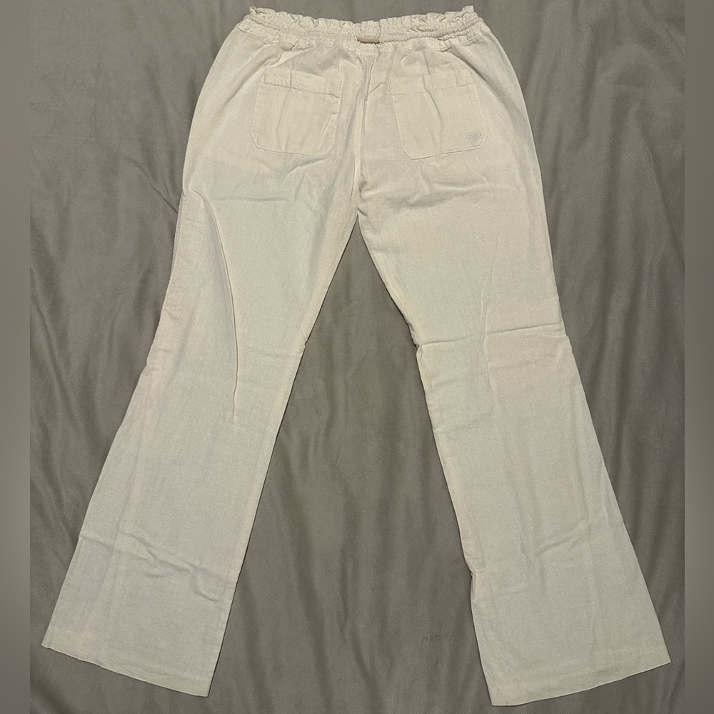 ROXY Oceanside Flared Pants – Stone Beige Linen Blend Boho Beach Lounge Pants - Picture 4 of 5